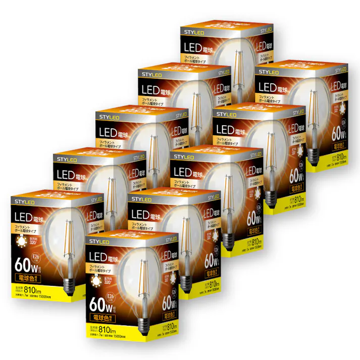 10個セット スタイルド(STYLED) LED電球 クリア電球 ボール形 E26 60W形相当 電球色 全方向 HDGC60L10