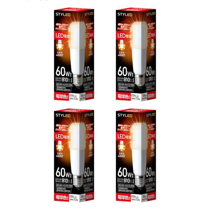 4個セット スタイルド(STYLED) LED電球 T形 E26 810lm 電球色 広配光タイプ 密閉器具・断熱材施工器具対応 HDT60L4