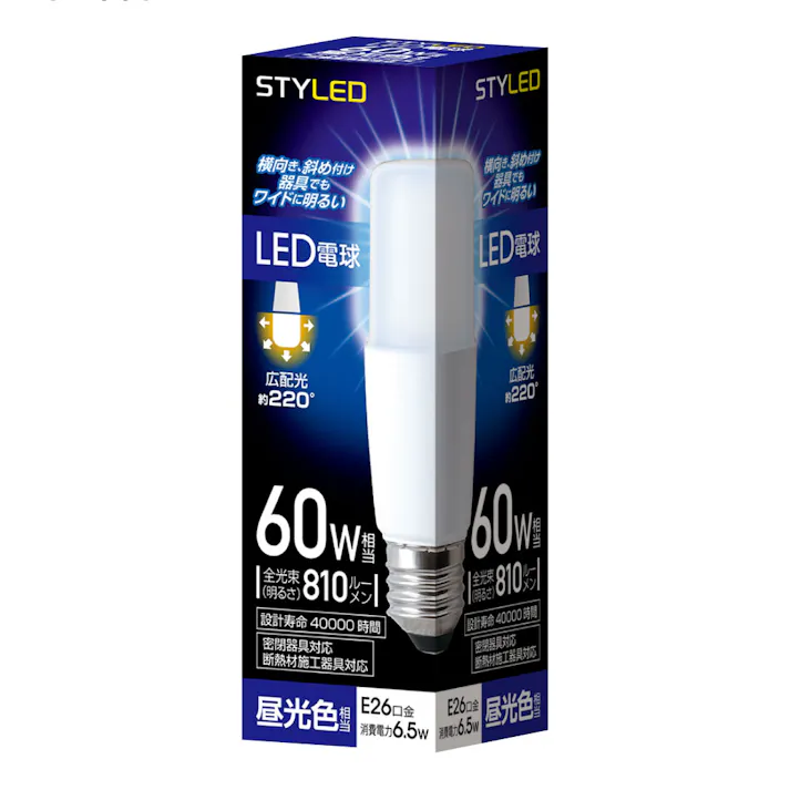スタイルド(STYLED) LED電球 T形 E26 810lm 昼光色 広配光タイプ 密閉器具・断熱材施工器具対応 HDT60D1