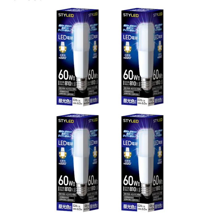 4個セット スタイルド(STYLED) LED電球 T形 E26 810lm 昼光色 広配光タイプ 密閉器具・断熱材施工器具対応 HDT60D4