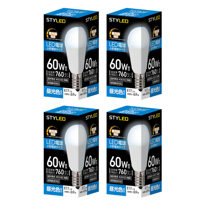 4個セット スタイルド(STYLED) 調光器対応 LED電球 E17 60W形相当 昼光色 小形電球 広配光 密閉器具対応 HA6D17D4