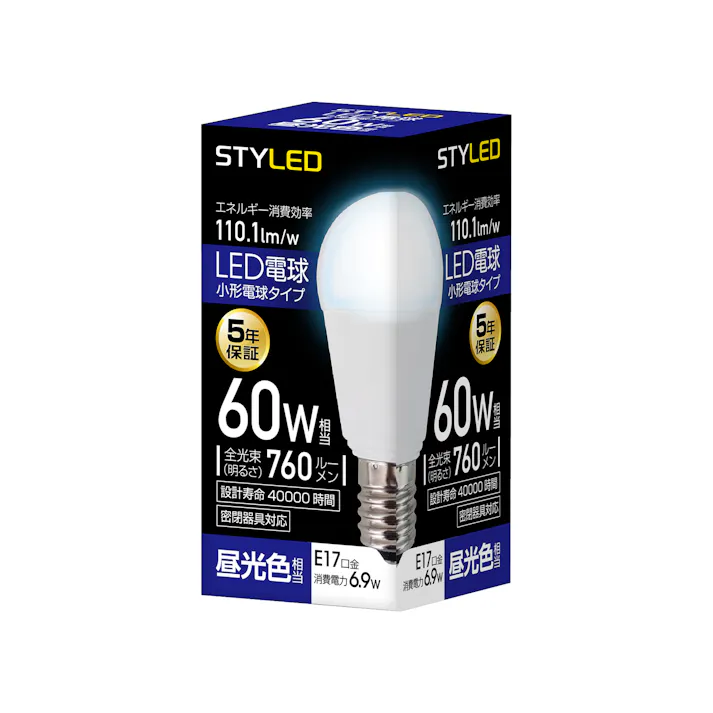 スタイルド(STYLED) LED電球 E17 60W形相当 昼光色 小形電球 広配光 密閉器具対応 HA6T17DS1