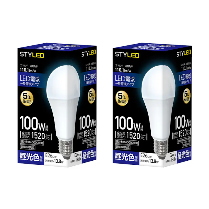 2個セット スタイルド(STYLED) LED電球 E26 100W形相当 昼光色 一般電球形 広配光 密閉器具対応 HA15T26DS2