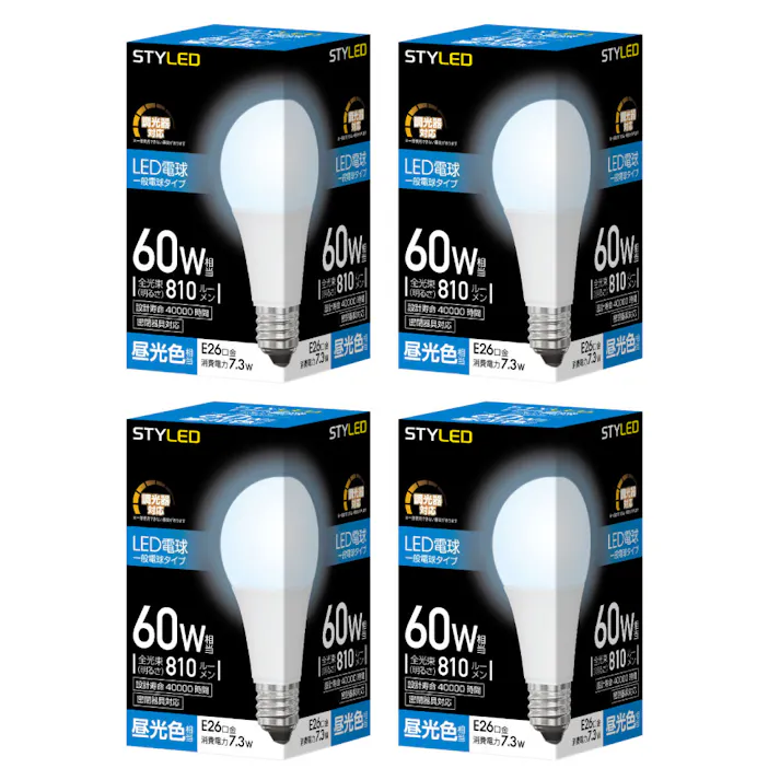4個セット スタイルド(STYLED) 調光器対応 LED電球 E26 60W形相当 昼光色 一般電球形 広配光 密閉器具対応 HA8D26D4