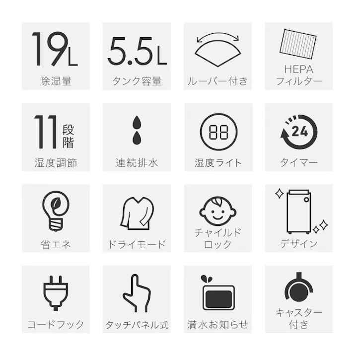 ライシン ルーバー付き 除湿機 ブラック 最大除湿量19L/日 タンク容量5.5L 空気清浄機能付 コンプレッサー 式 ルーバー 空気清浄機能 付き 大容量 パワフル 衣類乾燥 省エネ コンパクトタイマー タッチパネル 連続排水 スリープ 自動霜取り 除湿 除湿器 乾燥機 乾燥器 カビ 対策 黒