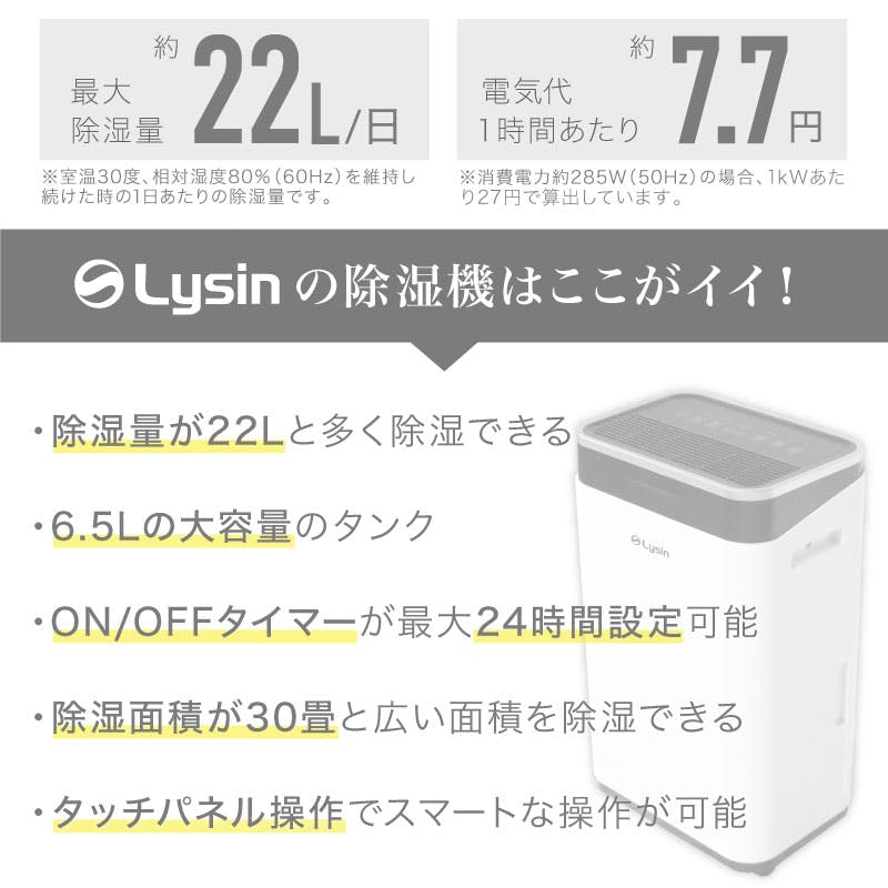 ライシン 除湿機 ホワイト 最大除湿量22L/日 タンク容量6.5L