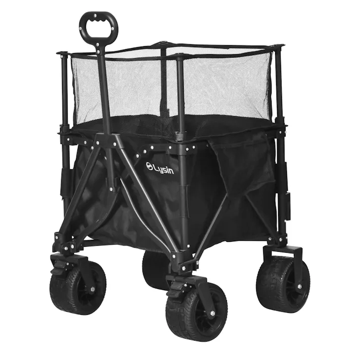 ライシン アウトドアワゴン Eシリーズ ミニ ブラック 最大110L 拡張機能 キャリーワゴン キャリーカート 折りたたみ フォールディング アウトドアワゴン キャンプ 運動会 バーベキュー BBQ ピクニック レジャー 自立 丈夫 頑丈 軽量 コンパクト 収納 荷物 運ぶ 運搬 台車 黒