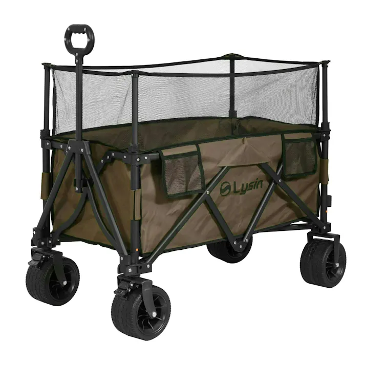 ライシン アウトドアワゴン Eシリーズ 1段 ブラウン 最大230L 拡張機能 キャリーワゴン キャリーカート 大容量 折りたたみ フォールディング アウトドアワゴン キャンプ 運動会 バーベキュー BBQ ピクニック レジャー 自立 丈夫 頑丈 軽量 コンパクト 収納 荷物 運ぶ 運搬 茶色