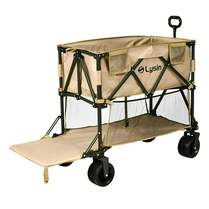 ライシン アウトドアワゴン Eシリーズ 2段 ベージュ 300L 後ろ開け キャリーワゴン キャリーカート 大容量 折りたたみ フォールディング アウトドアワゴン キャンプ 運動会 バーベキュー BBQ ピクニック レジャー 自立 丈夫 頑丈 軽量 コンパクト 収納 荷物 運ぶ 運搬 台車