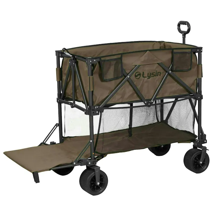 ライシン アウトドアワゴン Eシリーズ 2段 ブラウン 300L 後ろ開け キャリーワゴン キャリーカート 大容量 折りたたみ フォールディング アウトドアワゴン キャンプ 運動会 バーベキュー BBQ ピクニック レジャー 自立 丈夫 頑丈 軽量 コンパクト 収納 荷物 運ぶ 運搬 台車 茶色