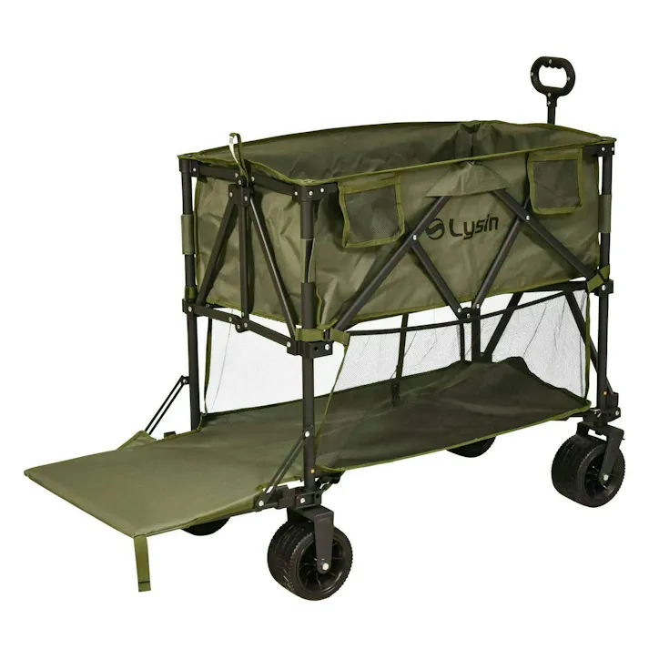 ライシン アウトドアワゴン Eシリーズ 2段 グリーン 300L 後ろ開け キャリーワゴン キャリーカート 大容量 折りたたみ フォールディング アウトドアワゴン キャンプ 運動会 バーベキュー BBQ ピクニック レジャー 自立 丈夫 頑丈 軽量 コンパクト 収納 荷物 運ぶ 運搬 台車 緑