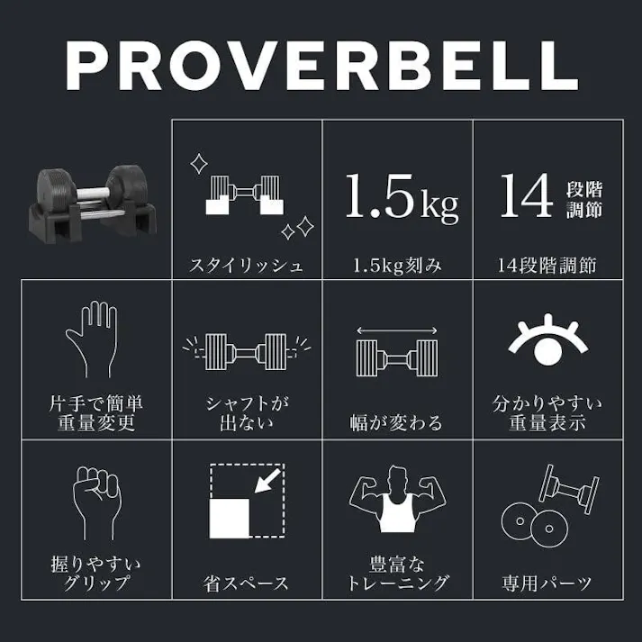 プロバーベル 23.5kg 1.5kg刻み ブラック 1個 PROVERBELL ダンベル 可変式ダンベル アジャスタブルダンベル 筋トレ ウェイトトレーニング トレーニング 鉄アレイ ジム 家トレ ホームジム スタイリッシュ おしゃれ 重量 調節 調整