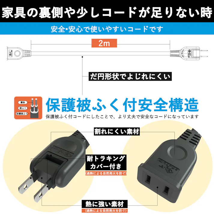 KOZUMUWAN 延長コード 電源タップ 2m 断線に強い 180度回転プラグ すっきり配線 15A 1500W 耐寒 耐熱 トラッキング 火災予防 絶縁カバー 延長ケーブル スイングプラグ 電源増設 RoHS指令対応 省スペース ブラック
