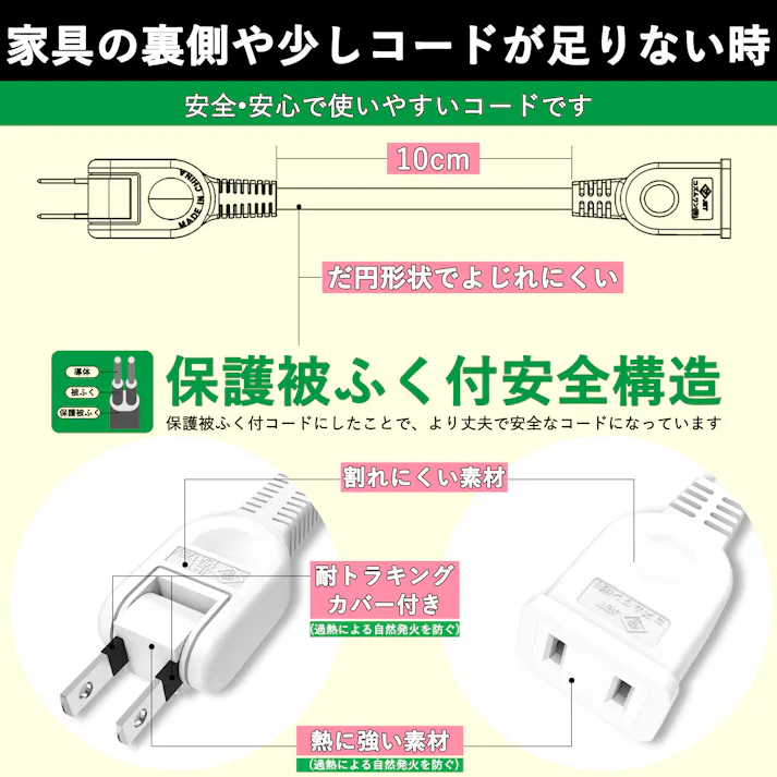 KOZUMUWAN 延長コード 電源タップ 10cm 断線に強い 180度回転プラグ すっきり配線 15A 1500W 耐寒 耐熱 トラッキング 火災予防 絶縁カバー 延長ケーブル スイングプラグ 電源増設 RoHS指令対応 省スペース ホワイト (5本入り)