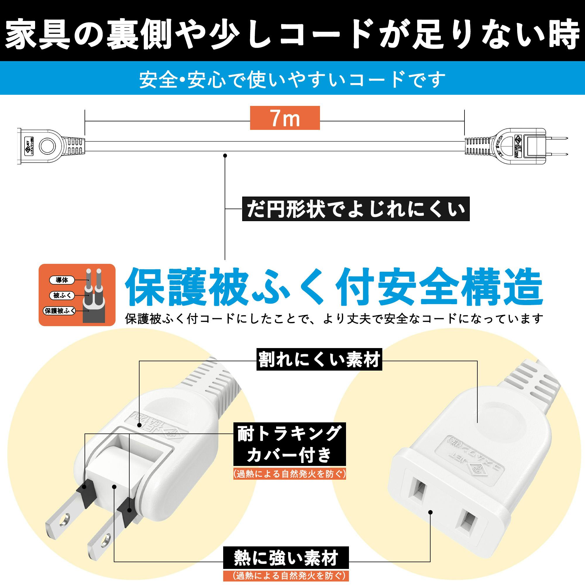 KOZUMUWAN 延長コード 電源タップ 7m 断線に強い 180度回転プラグ