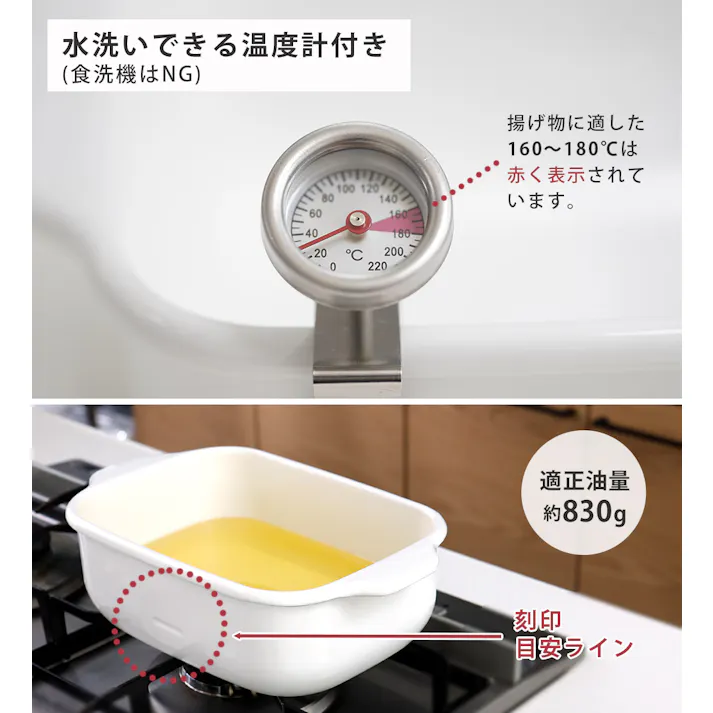 富士ホーロー 角型天ぷら鍋 ワイド IH対応 温度計付き 揚げ網 バット付き 別注カラー TP-22K【天ぷら鍋 揚げ鍋 スクエア ホーロー 角 少ない油 四角 琺瑯 ほうろう】 ライトグレー