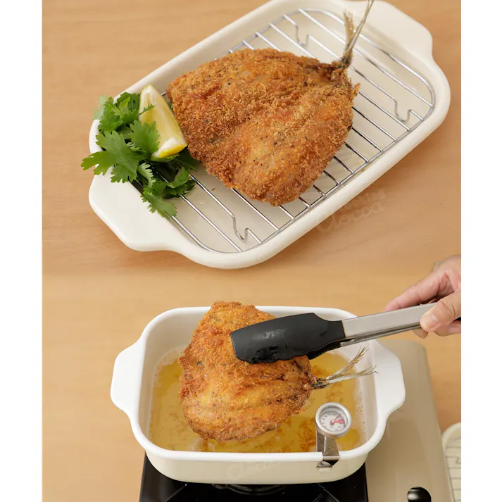 富士ホーロー 角型天ぷら鍋 ワイド IH対応 温度計付き 揚げ網 バット付き 別注カラー TP-22K【天ぷら鍋 揚げ鍋 スクエア ホーロー 角 少ない油 四角 琺瑯 ほうろう】 バニラ