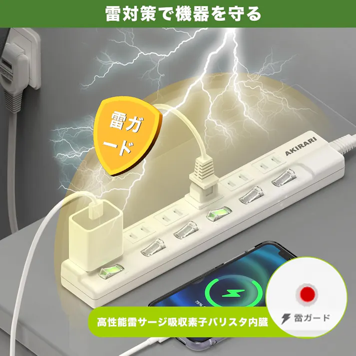 KOZUMUWAN 電源タップ 延長コード 2m 個別スイッチ 6個口 ホワイト 雷ガード ほこりシャッター 火災予防安全 コンセントタップ スイッチ電源タップ テーブルタップ 過電流 過熱保護 180度スイングプラグ トラッキング防止 壁 卓上