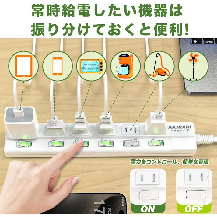 KOZUMUWAN 電源タップ 延長コード 2m 個別スイッチ 6個口 ホワイト 雷ガード ほこりシャッター 火災予防安全 コンセントタップ スイッチ電源タップ テーブルタップ 過電流 過熱保護 180度スイングプラグ トラッキング防止 壁 卓上