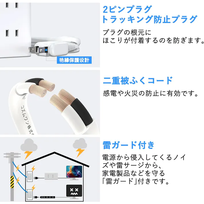KOZUMUWAN 電源タップ タワー mini型 1m 延長コード 雷ガード タップ 6個AC コンセント USB-A 2ポートUSB-C 1ポート付き 180°スイングプラグ テーブルタップ たこあしコンセント ホワイト 難燃性樹脂 コンパクト 縦置き横置き 複合電源タップ 急速充電 20W