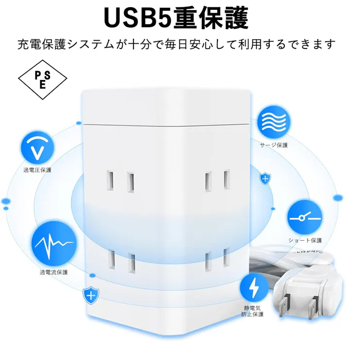 KOZUMUWAN 電源タップ タワー mini型 1m 延長コード 雷ガード タップ 6個AC コンセント USB-A 2ポートUSB-C 1ポート付き 180°スイングプラグ テーブルタップ たこあしコンセント ホワイト 難燃性樹脂 コンパクト 縦置き横置き 複合電源タップ 急速充電 20W