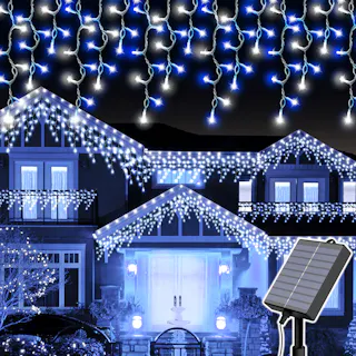 KOZUMUWAN 【日本法人】つららライト ソーラー式イルミネーション つらら LED 120球 5m クリスマス ライト 室内 屋外 コンセント式 コントローラー付き メモリー機能 8パータン パータン記憶 雪国 冬 風物詩 (ブルー・ホワイト)