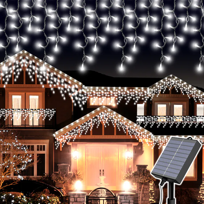 KOZUMUWAN 【日本法人】つららライト ソーラー式イルミネーション つらら LED 120球 5m クリスマス ライト 室内 屋外 コンセント式 コントローラー付き メモリー機能 8パータン パータン記憶 雪国 冬 風物詩 (ホワイト)