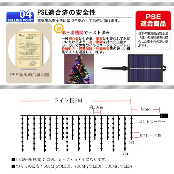 KOZUMUWAN 【日本法人】つららライト ソーラー式イルミネーション つらら LED 120球 5m クリスマス ライト 室内 屋外 コンセント式 コントローラー付き メモリー機能 8パータン パータン記憶 雪国 冬 風物詩 (ホワイト)