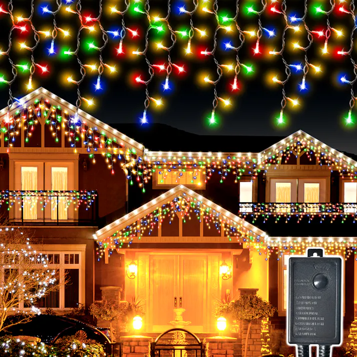 KOZUMUWAN イルミネーション つらら LED 120球 5m クリスマス ライト 連結可能 室内 屋外 コンセント式 コントローラー付き メモリー機能 8パータン パータン記憶 雪国 冬 風物詩 (ブラック色コード, 4色ミックス)