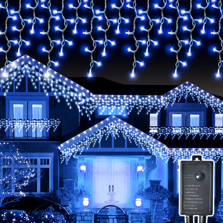 KOZUMUWAN イルミネーション つらら LED 120球 5m クリスマス ライト 連結可能 室内 屋外 コンセント式 コントローラー付き メモリー機能 8パータン パータン記憶 雪国 冬 風物詩 (ブラック色コード, ブルー)