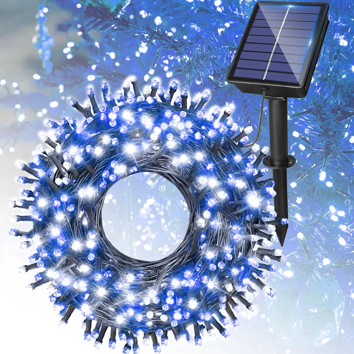 KOZUMUWAN ソーラーライト イルミネーションライト クリスマスライト ストレート 定番商品 ソーラー充電式 8パターン 200球 20m コントローラー付き 自動ON/OFF 夜間自動点灯 昼消灯 省エネ IP65防水 ガーデン 屋外 防雨 メモリー記憶 (ブルー・ホワイト)