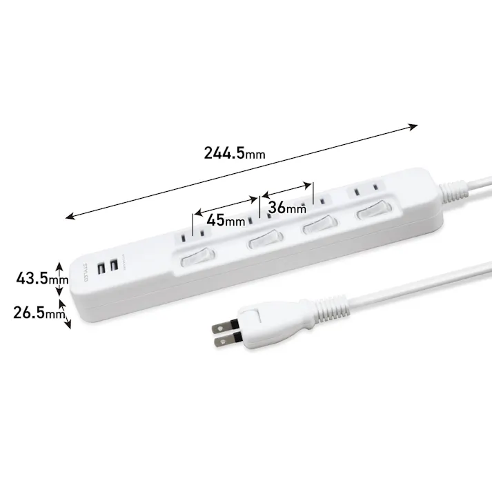2個セット スタイルド(STYLED) USB付 電源タップ コンセント 4個口 USB 2ポート 3.4A 18ヶ月保証 電源コード 2m シャッター付 コンセント スイングプラグ OAタップ 延長コード ホワイト LTP42WH34-2X2