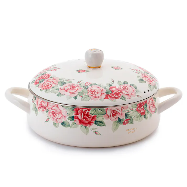 エジリー インペリアルローズ 琺瑯 両手鍋 浅型 24cm 薔薇 ガス火 IH対応 NIR-24W EJIRY 富士ホーロー【バラ柄 花柄 浅鍋 ホーロー鍋 キャセロール ほうろう IH 200V 昭和レトロ 日本製】