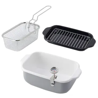 富士ホーロー 角型天ぷら鍋 角型揚げざる セット IH対応 温度計付き 揚げ網 バット付き TP-20K.W .LG.VA【天ぷら鍋 ホーロー 角型フライヤーバスケット 揚げザル ミニ 角 揚げ鍋 四角い 琺瑯 ほうろう】ライトグレー 角型揚げざる