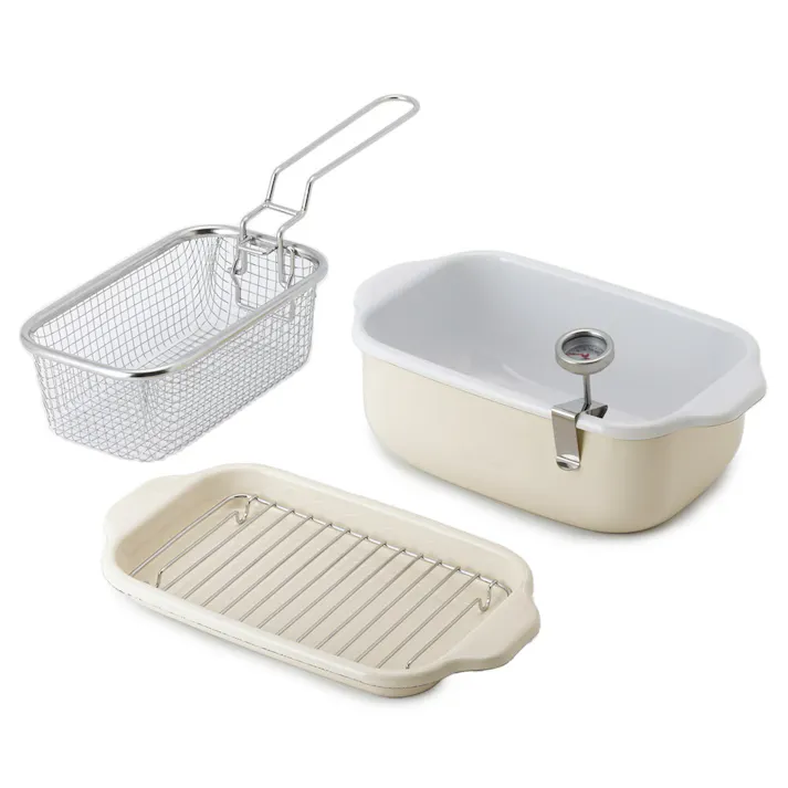 富士ホーロー 角型天ぷら鍋 角型揚げざる セット IH対応 温度計付き 揚げ網 バット付き TP-20K.W .LG.VA【天ぷら鍋 ホーロー 角型フライヤーバスケット 揚げザル ミニ 角 揚げ鍋 四角い 琺瑯 ほうろう】バニラ 角型揚げざる