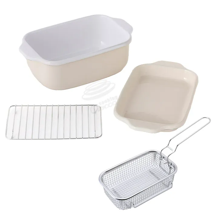 富士ホーロー 角型天ぷら鍋 角型揚げざる セット IH対応 温度計付き 揚げ網 バット付き TP-20K.W .LG.VA【天ぷら鍋 ホーロー 角型フライヤーバスケット 揚げザル ミニ 角 揚げ鍋 四角い 琺瑯 ほうろう】バニラ(温度計なし) フライヤーバスケット