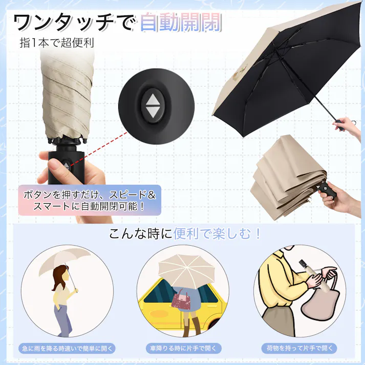 【ワンタッチ自動開閉】日傘 折りたたみ 完全遮光 晴雨兼用 傘 軽量 わずか210g UVカット 100% 折りたたみ傘 超軽量 レディース メンズ 子供 吸水 傘カバー ケース 付属 おしゃれ 可愛い 軽い 大きめ 96cm 雨傘 3段 超撥水 遮熱効果 uv