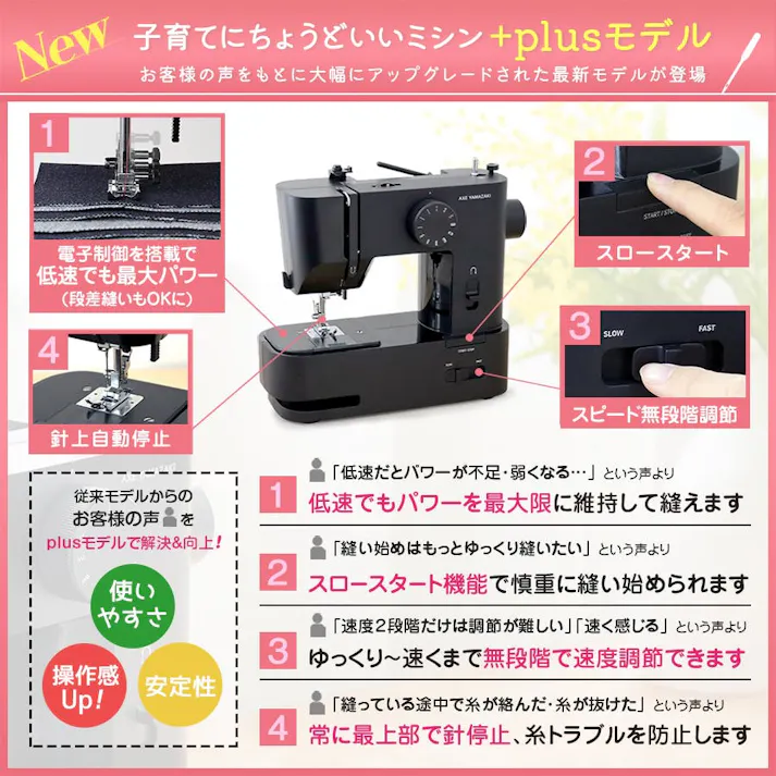 子育てにちょうどいいミシン +plus プラス MM-20 アップグレードモデル アックスヤマザキ ミシン 電動ミシン コンパクトミシン 初心者 コンパクト おすすめ 黒 ブラック シンプル かんたん 刺繍 人気 電子ミシン ギフト プレゼント ミシン本体 みしん 【フットコントローラー付】