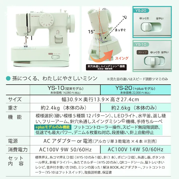 孫につくる、わたしにやさしいミシン +plus プラス YS-20 アップグレードモデル ミシン アックスヤマザキ 電動ミシン コンパクトミシン 初心者 おすすめ シンプル かんたん 簡単 ミシン本体 ハンディミシン 軽量 母の日 人気 通販 ギフト ラッピング プレゼント 【準備セット付】