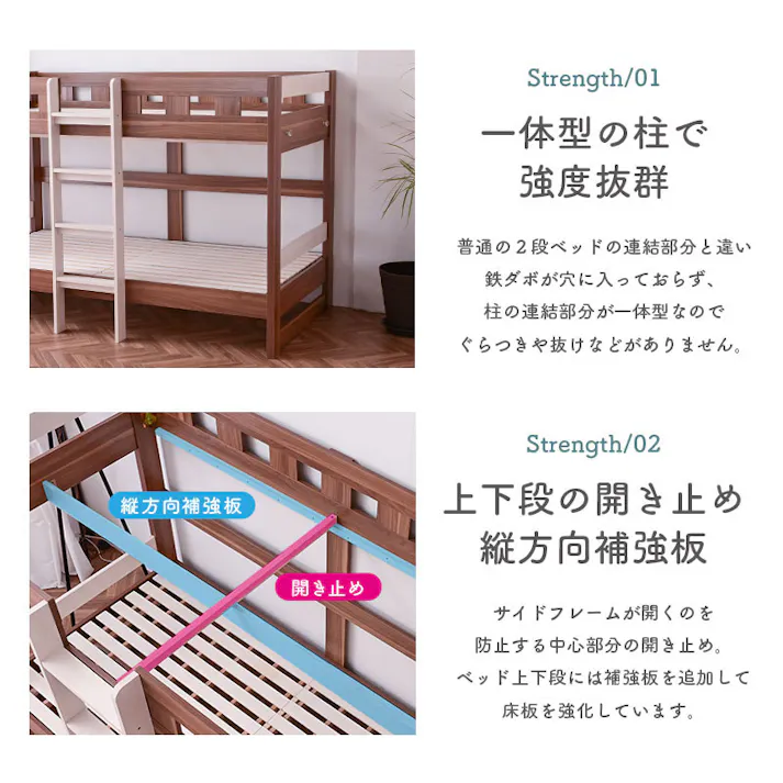 【ARTTOWN】二段ベッド 2段ベッド コンパクト設計 幅203.5cm 高さ137cm 耐荷重500kg 通気性スノコ仕様 ツートンカラー対応 ローシェンEX2 / ホワイト・ウォールナット / 【配送_大型】