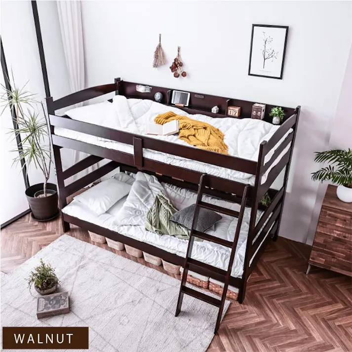 【ARTTOWN】二段ベッド 2段ベッド 耐荷重500kg 宮棚付き コンセント LED照明 天然木竹 分離可 シングル対応 モデル7 / ホワイトウォッシュ / 【配送_大型】