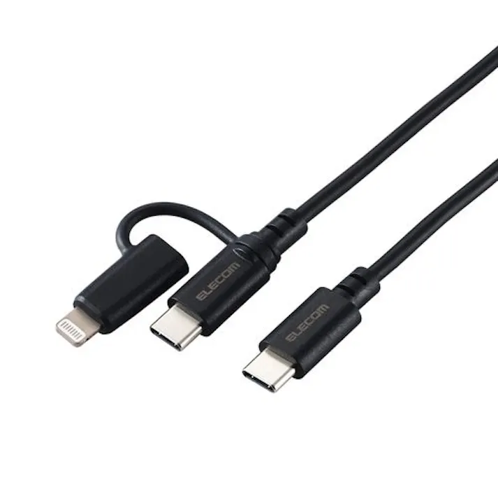 2in1 充電ケーブル (USB-C to USB-C ケーブル+Lightning 変換プラグ) 1m PD60W 急速充電 ブラック