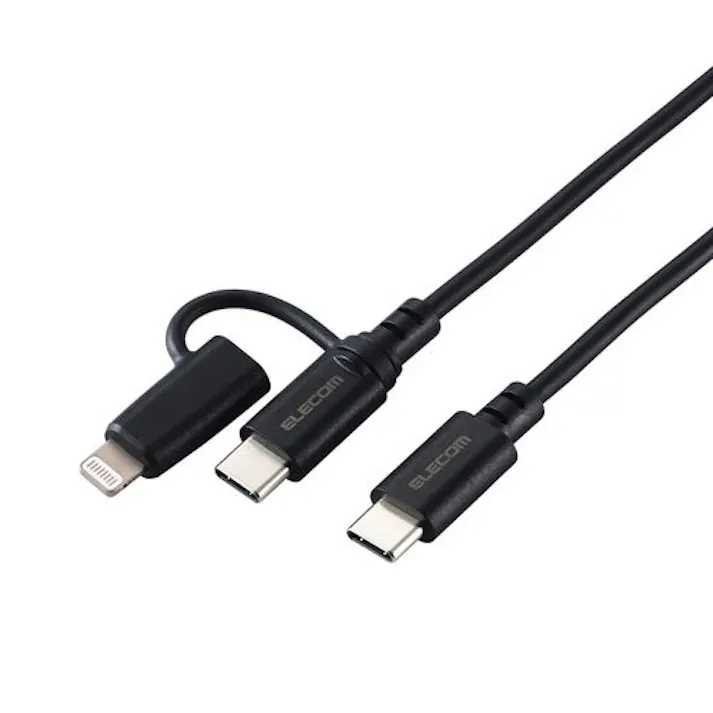 2in1 充電ケーブル (USB-C to USB-C ケーブル+Lightning 変換プラグ) 1.5m PD60W 急速充電 ブラック