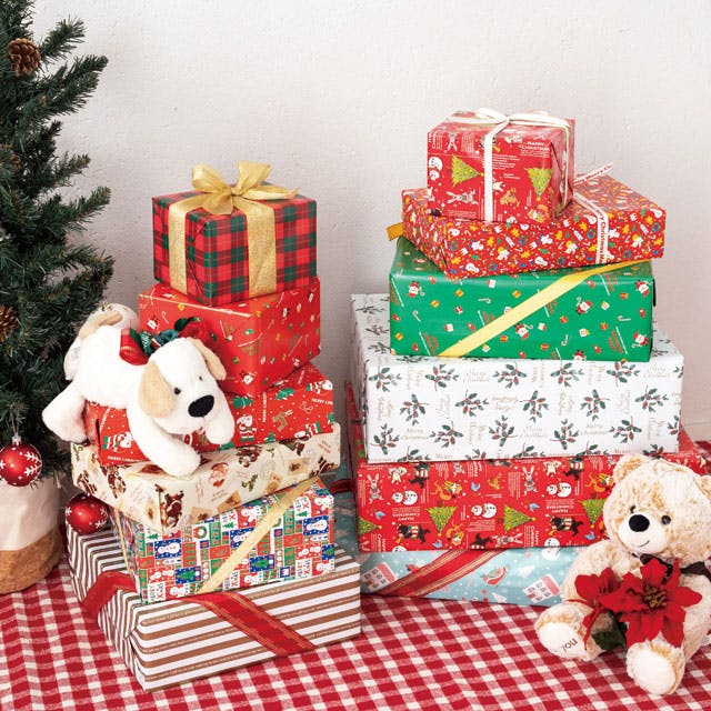 ヘッズ 包－紙－半裁 W750×H525mm クリスマスミニサンタ包装紙/赤(50枚