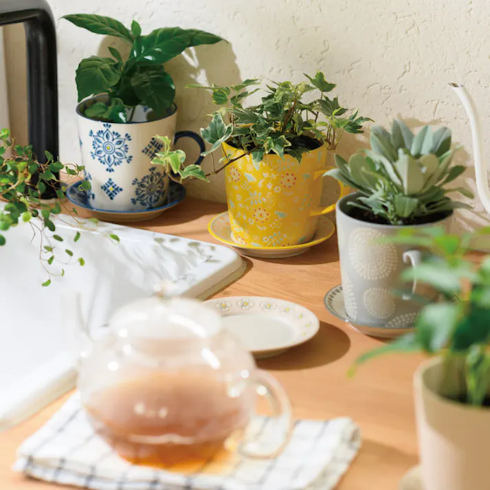 ヘッズ 雑貨-フラワーベース W140×D120×H105mm ハンドメイドプリントフラワーポット-14/カップ&ソーサー(2個) HEADS HNP-FPO14