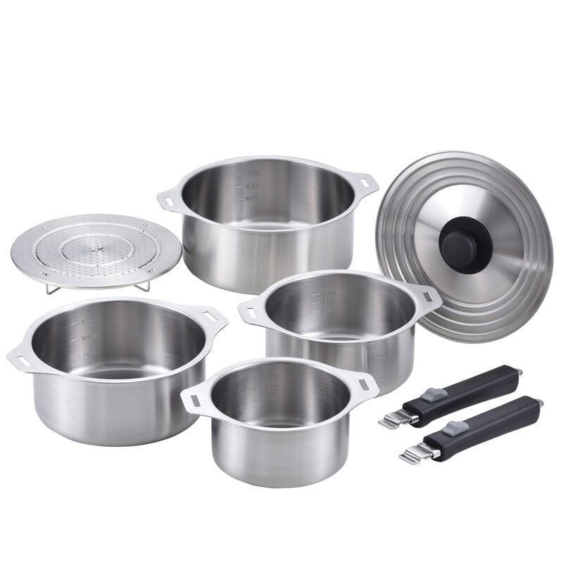 燕三 IH対応ハンドル着脱式鍋4点セット 蒸し台＆中かご付 EM-033 日本製】燕三 IH対応ハンドル着脱式鍋 4点セット（蒸し台付