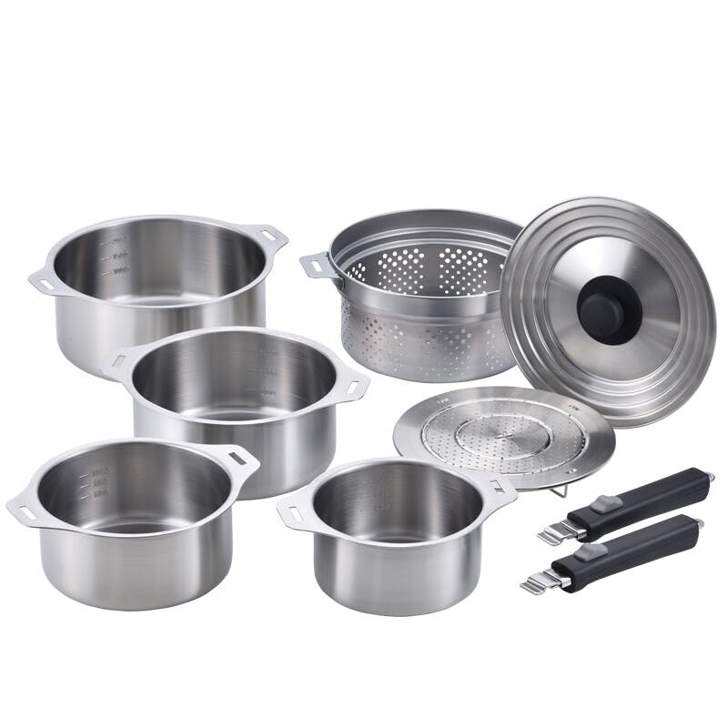 日本製】燕三 IH対応ハンドル着脱式鍋 4点セット（蒸し台・中かご付