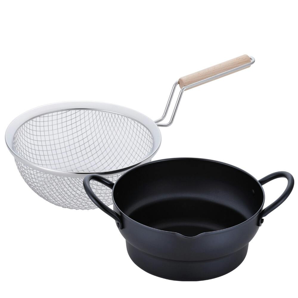 彩食庵 IH対応両手段付天ぷら鍋18cm&木柄フライヤーセット SM-9548 天ぷら用品・オイルポット 彩食庵 IH対応両手段付天ぷら鍋18cm&木柄フライヤーセット SM-9548 天ぷら用品・オイルポット