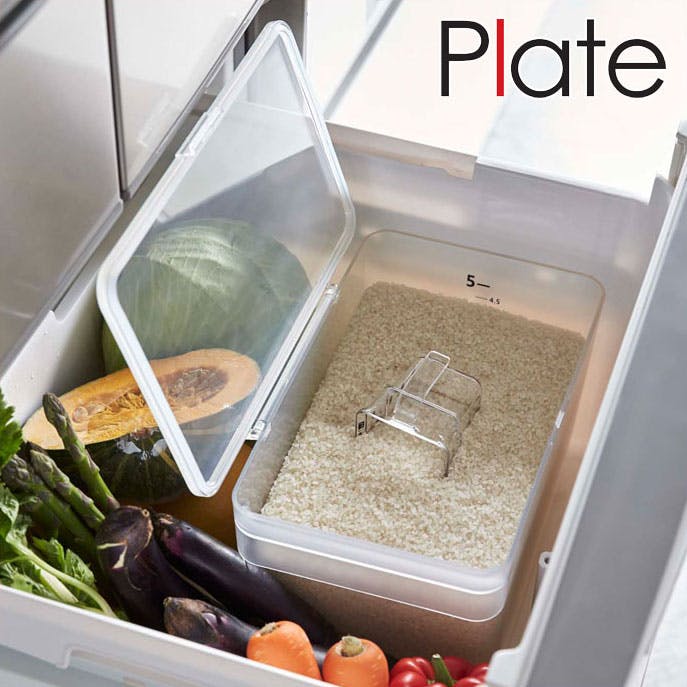 Plate プレート 密閉 シンク下米びつ 5kg 段々米計量カップ付き クリア【米びつ 米櫃 プラスチック お米 保存容器 おしゃれ スリム キッチン 収納 台所 山崎実業 yamazaki】