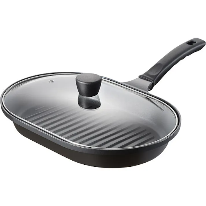 ランチーニ IH対応 ガラス蓋付オーバルパン22×32cm(RB-1768) 肉料理の強い味方 底面の溝とガラス蓋の効果 ヘルシー ふっくらジューシー 内面 耐摩耗性に優れた ダイヤモンドコート 特殊フッ素樹脂加工 和平フレイズ #4903779117688